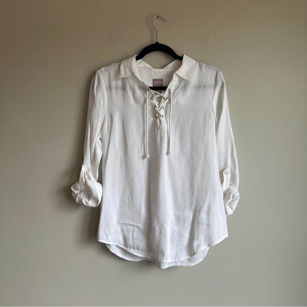 Chico’s White Collared Tie Neckline Roll Sleeve Blouse 0